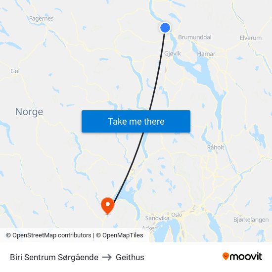 Biri Sentrum Sørgående to Geithus map