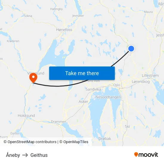 Åneby to Geithus map