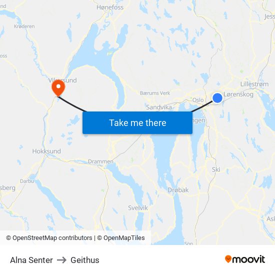 Alna Senter to Geithus map