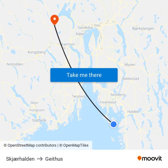 Skjærhalden to Geithus map