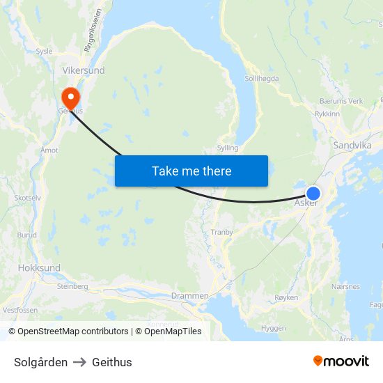 Solgården to Geithus map
