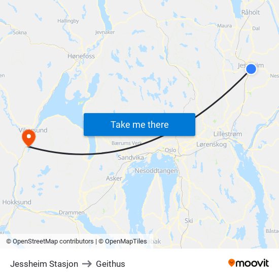 Jessheim Stasjon to Geithus map