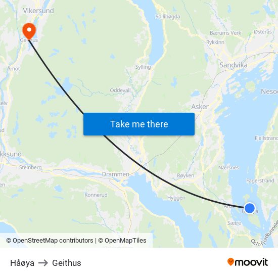 Håøya to Geithus map