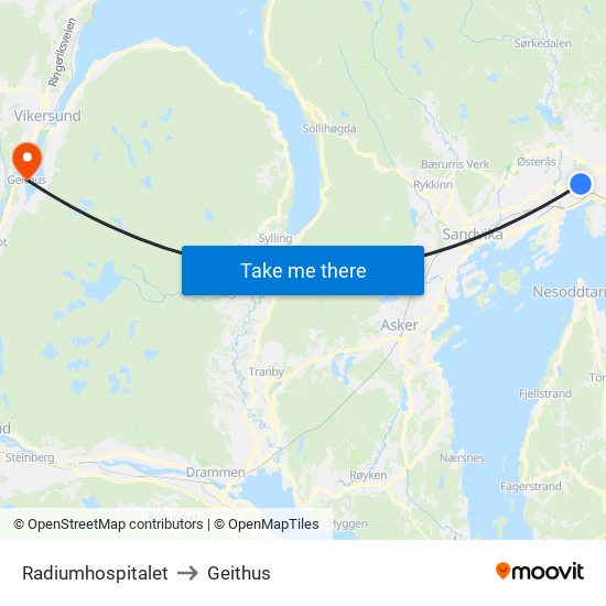 Radiumhospitalet to Geithus map