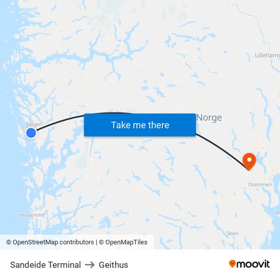 Sandeide Terminal to Geithus map