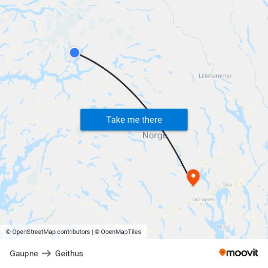 Gaupne to Geithus map