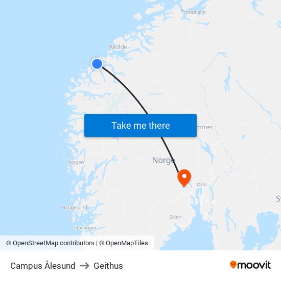 Campus Ålesund to Geithus map