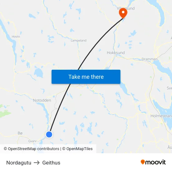 Nordagutu to Geithus map
