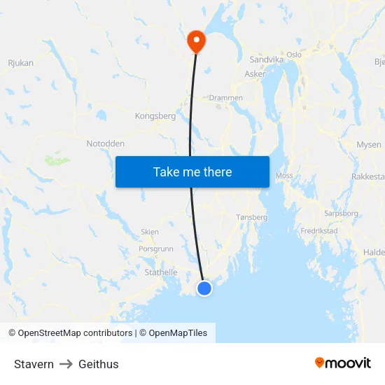 Stavern to Geithus map