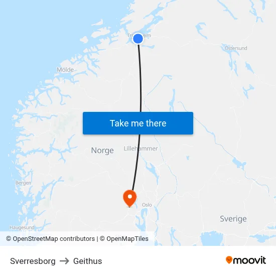 Sverresborg to Geithus map