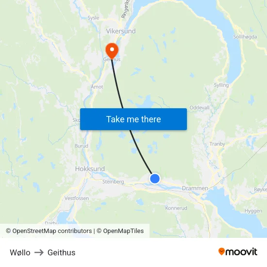 Wøllo to Geithus map