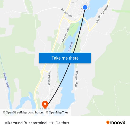 Vikersund Bussterminal to Geithus map