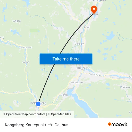 Kongsberg Knutepunkt to Geithus map