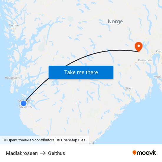 Madlakrossen to Geithus map