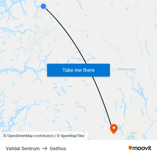 Valldal Sentrum to Geithus map