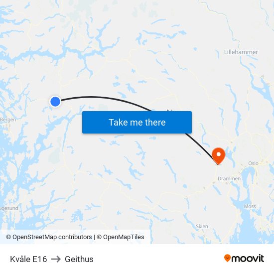 Kvåle E16 to Geithus map