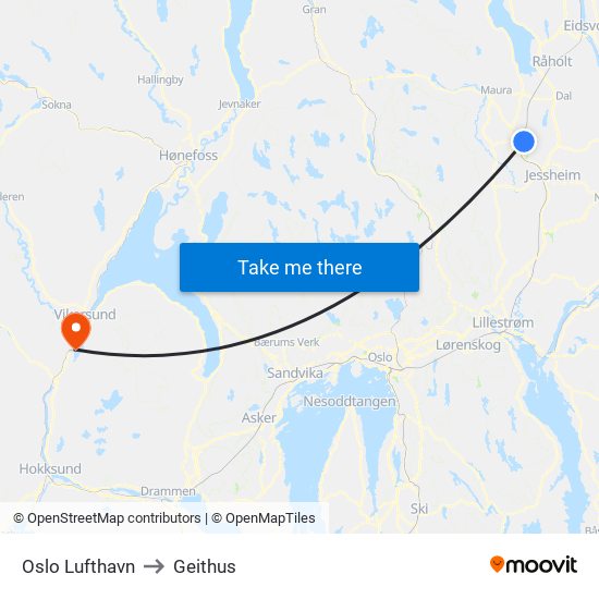 Oslo Lufthavn to Geithus map