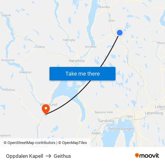 Oppdalen Kapell to Geithus map