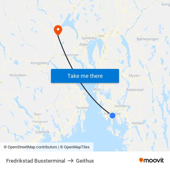 Fredrikstad Bussterminal to Geithus map