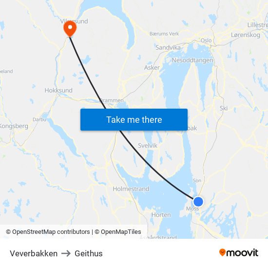 Veverbakken to Geithus map