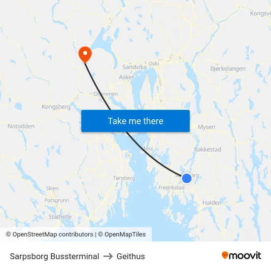 Sarpsborg Bussterminal to Geithus map