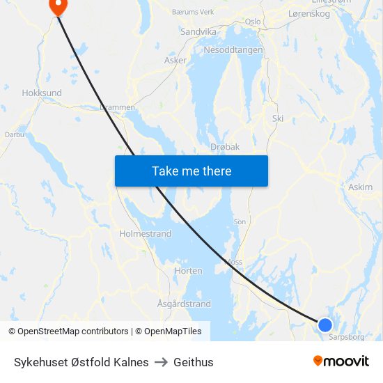 Sykehuset Østfold Kalnes to Geithus map