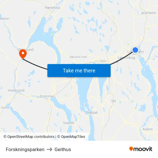 Forskningsparken to Geithus map