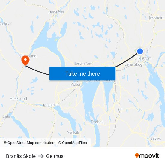 Brånås Skole to Geithus map