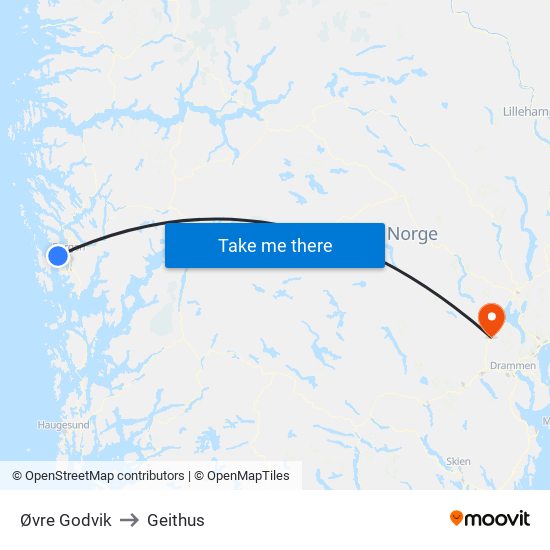 Øvre Godvik to Geithus map