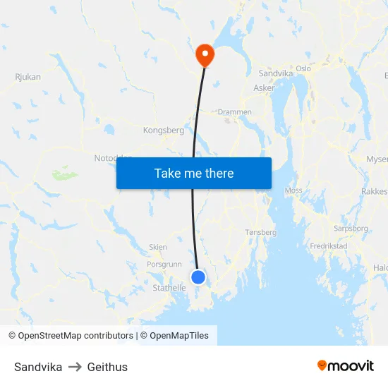 Sandvika to Geithus map