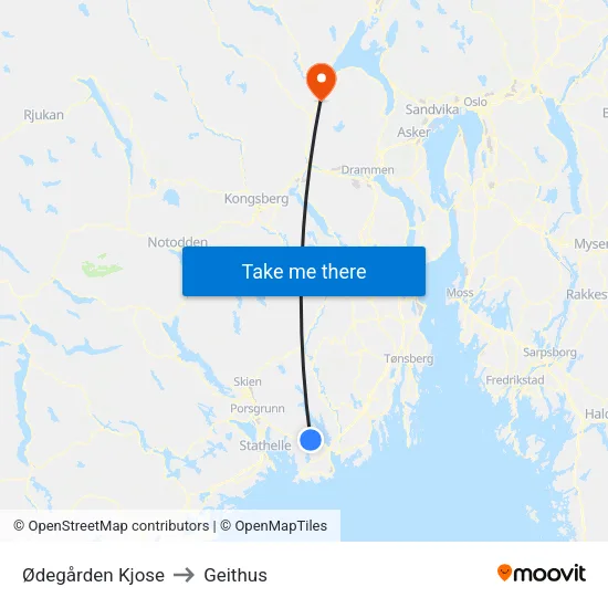 Ødegården Kjose to Geithus map