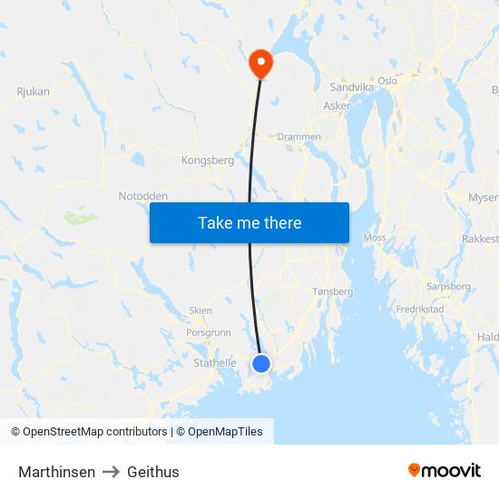 Marthinsen to Geithus map