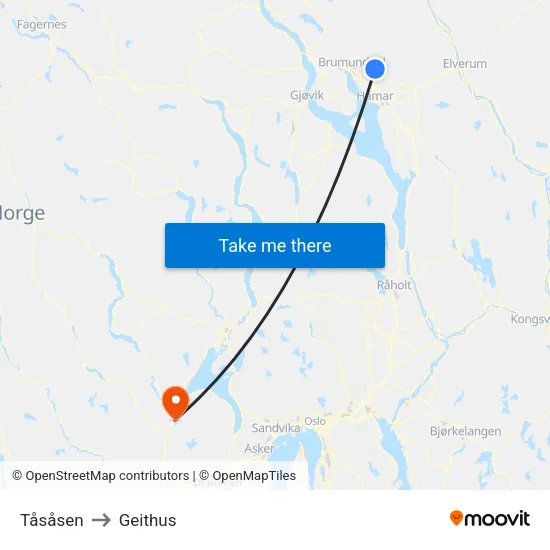 Tåsåsen to Geithus map