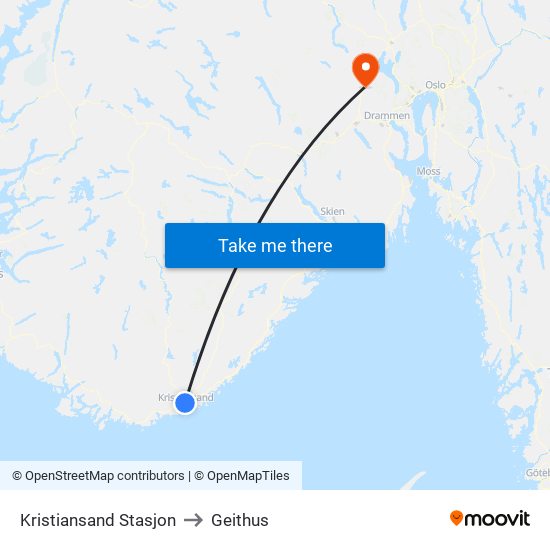 Kristiansand Stasjon to Geithus map