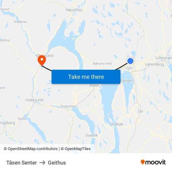 Tåsen Senter to Geithus map
