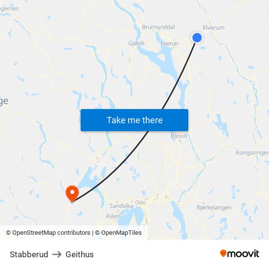 Stabberud to Geithus map