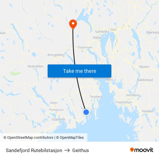 Sandefjord Rutebilstasjon to Geithus map