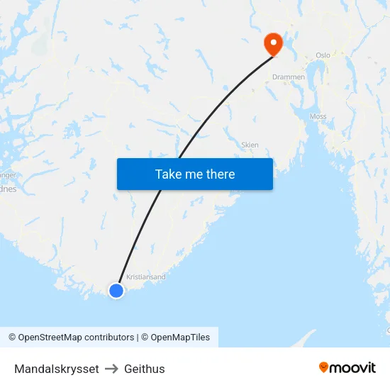 Mandalskrysset to Geithus map
