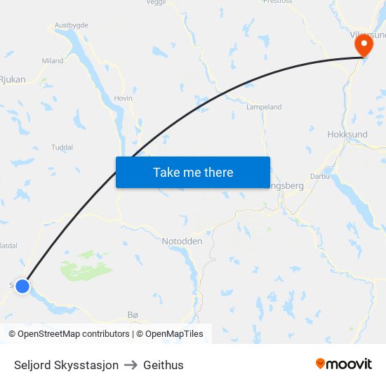 Seljord Skysstasjon to Geithus map