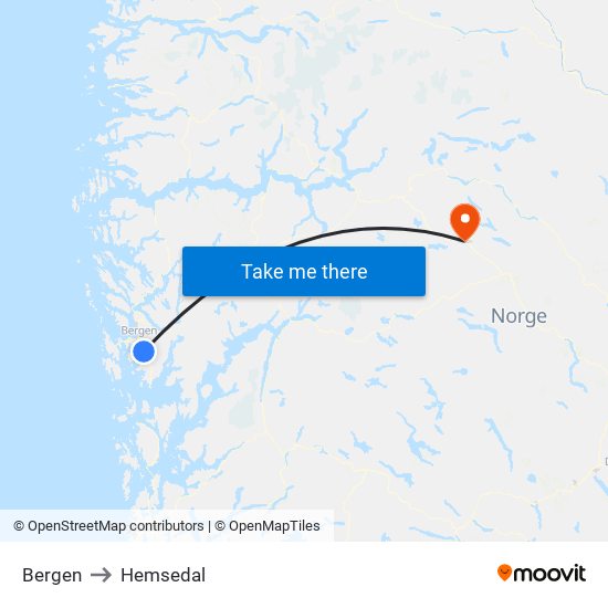 Bergen to Hemsedal map