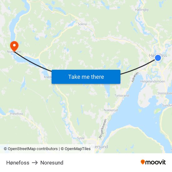 Hønefoss to Noresund map