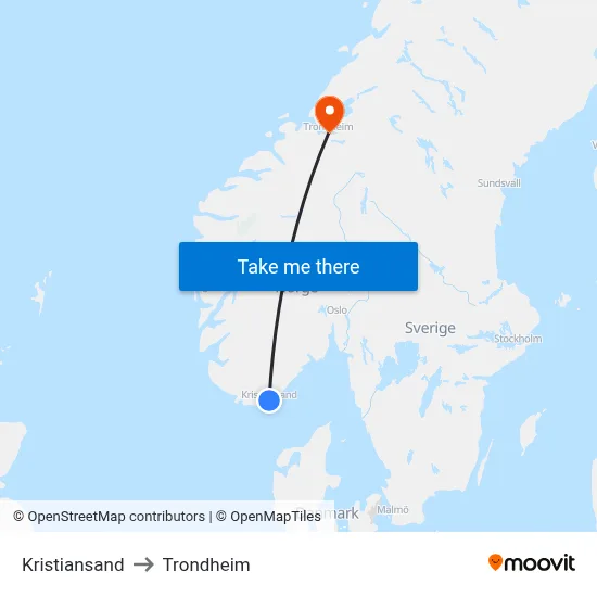 Kristiansand to Trondheim map