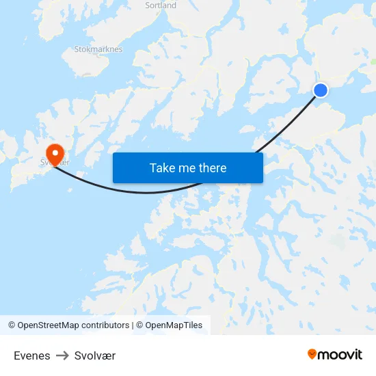 Evenes to Svolvær map