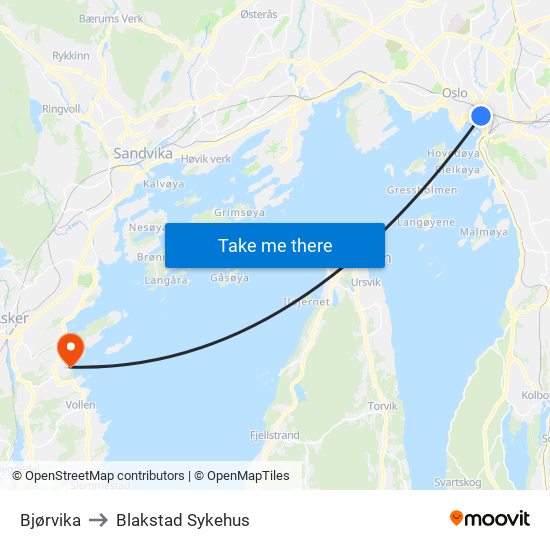 Bjørvika to Blakstad Sykehus map