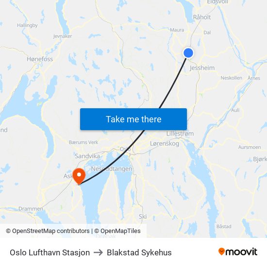 Oslo Lufthavn Stasjon to Blakstad Sykehus map