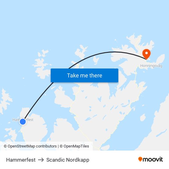 Hammerfest to Scandic Nordkapp map