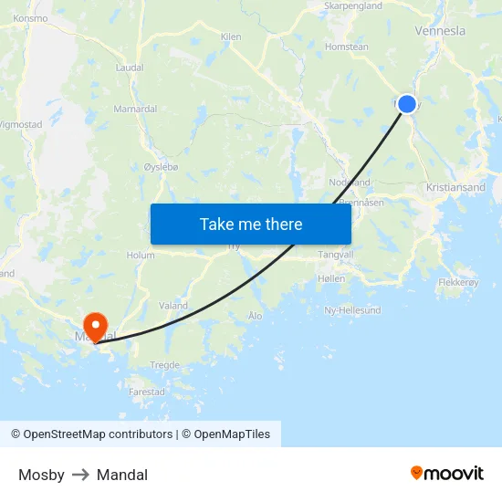 Mosby to Mandal map