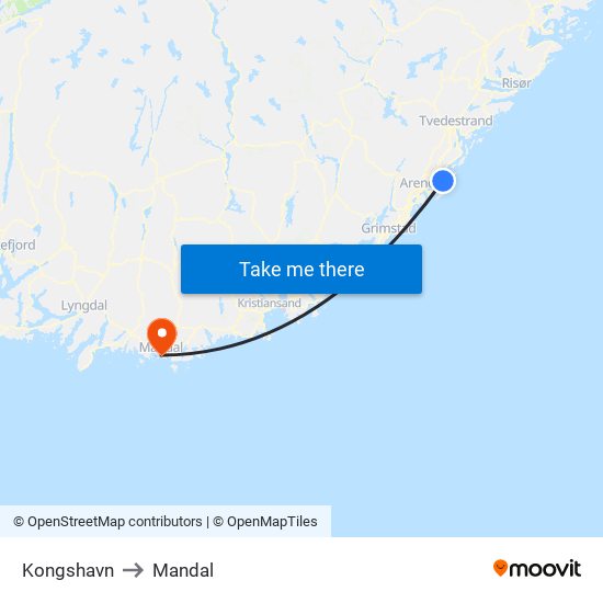 Kongshavn to Mandal map