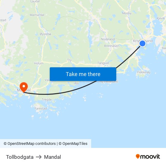 Tollbodgata to Mandal map