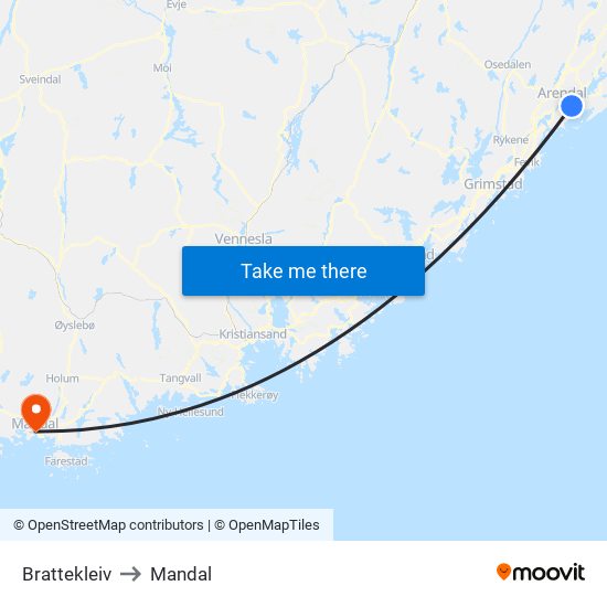 Brattekleiv to Mandal map